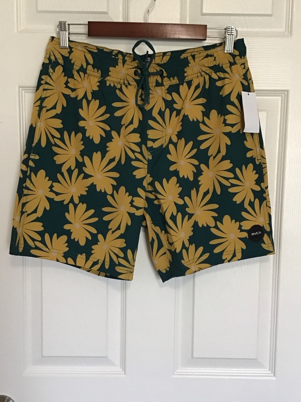 RVCA Men's Dark Green Swim Trunks with Yellow Floral Print